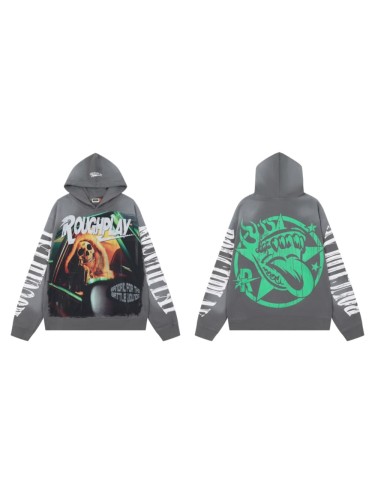 Oversized Washed Gray Streetwear Hoodie with Skull Graphic & Sleeve Print 29069024