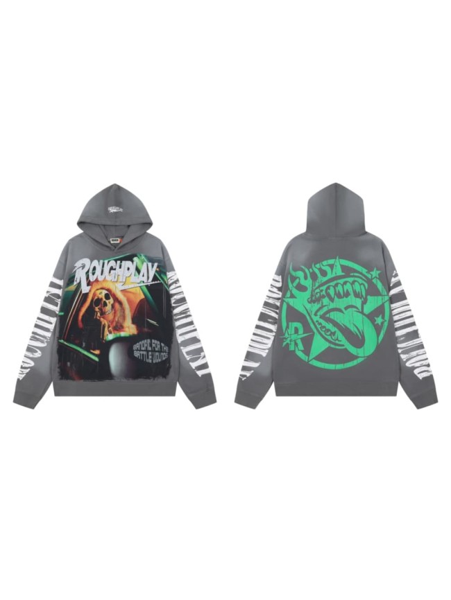Oversized Washed Gray Streetwear Hoodie with Skull Graphic & Sleeve Print 29069024