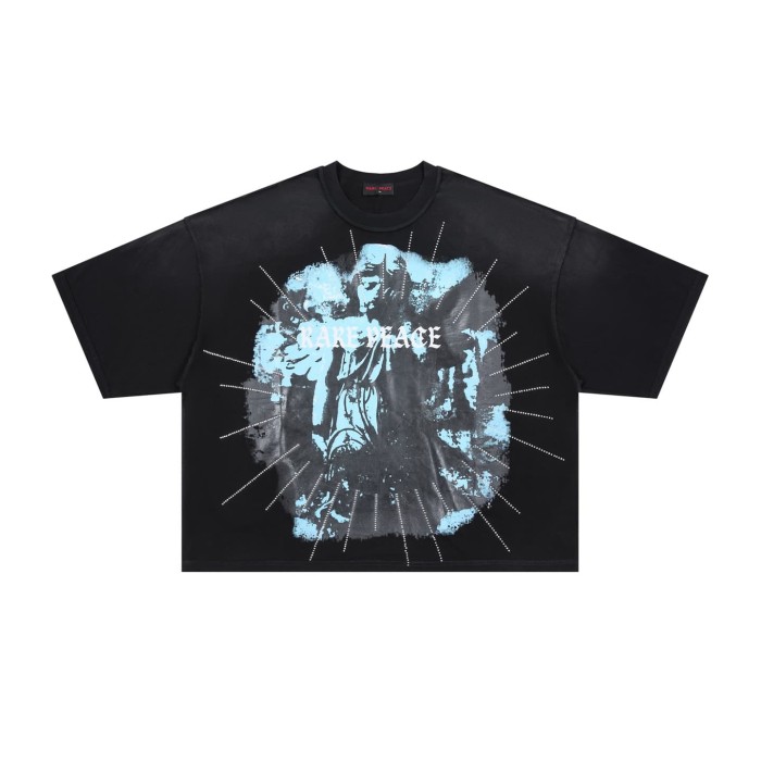 Figure Blood Drop Font Rhinestone Print Washed Tee 29069403