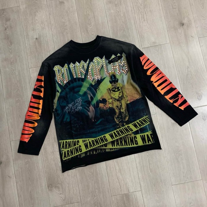 Washed Grunge Streetwear with Liberty Gas Mask & Warning Tape Print Long Sleeve T-Shirt 28758389
