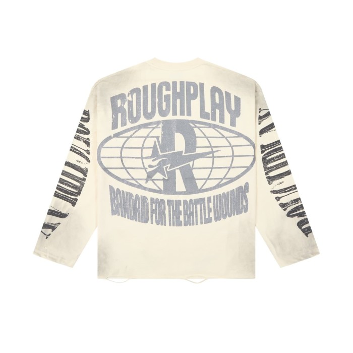 Washed Cream Streetwear with Astronaut Mars Print & Roughplay Logo Long Sleeve T-Shirt 29069115