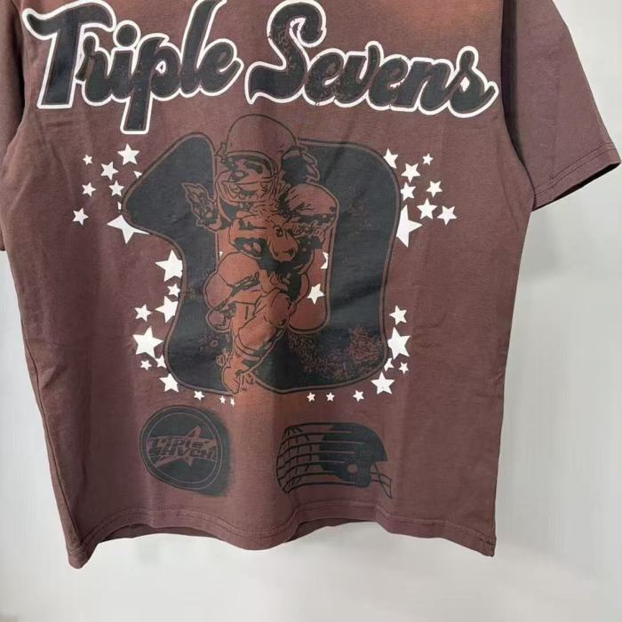Retro Varsity Style with Triple Sevens Logo & Football Player Print T-Shirt 29069249