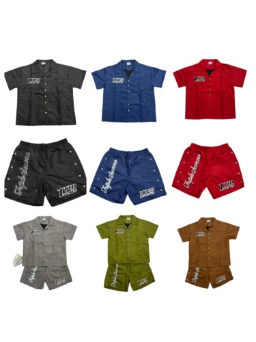 Y2K Workwear Set with Cuban Collar Shirt & Side Snap Shorts 6 colors 29069173