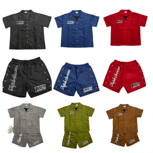 Y2K Workwear Set with Cuban Collar Shirt & Side Snap Shorts 6 colors 29069173