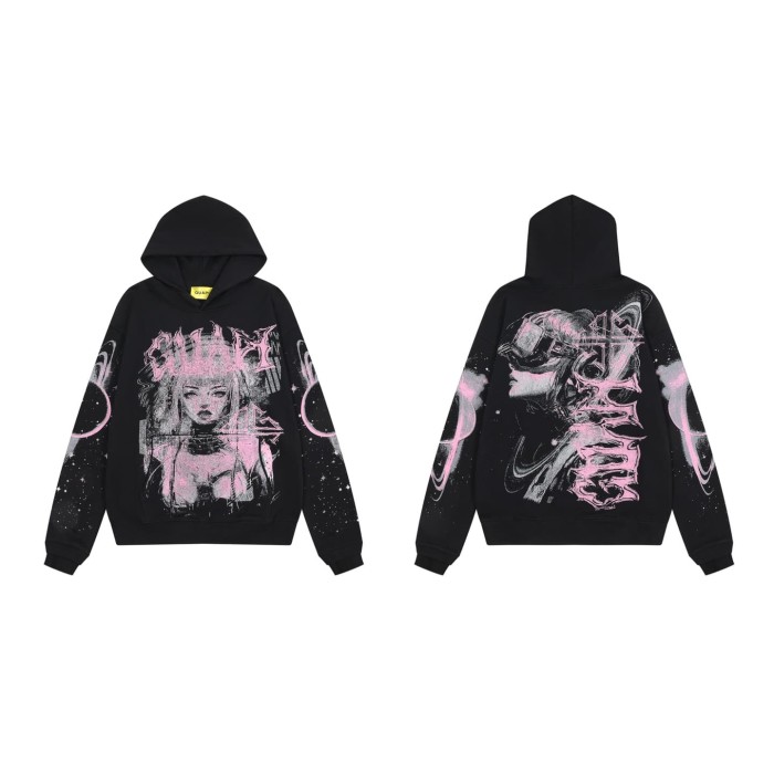 Unisex Oversized Black Streetwear with Pink Anime Cyber Girl Print White Ink Hoodie 29069162