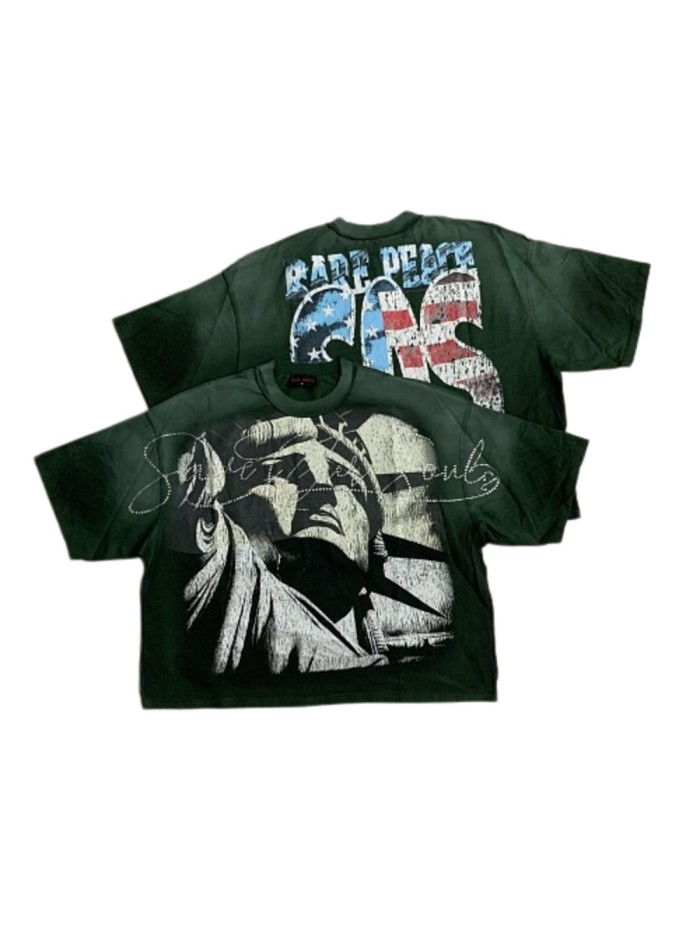 Deep Statue Of Liberty Sculpture Rhinestone Print Washed Tee 29069154