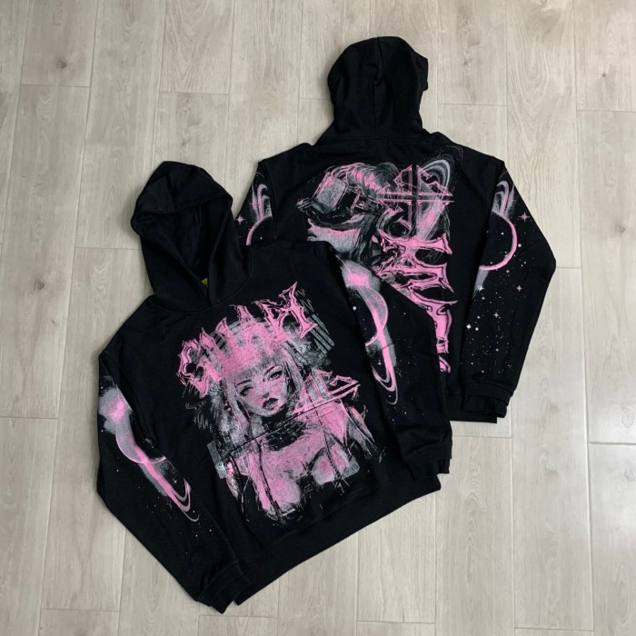 Unisex Oversized Black Streetwear with Pink Anime Cyber Girl Print White Ink Hoodie 29069162