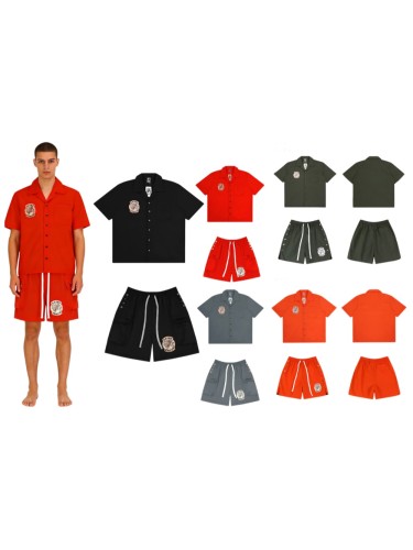 Badge Embroidery Buttoned Woven Workwear Shirt & Shorts Set 6 colors 29077774