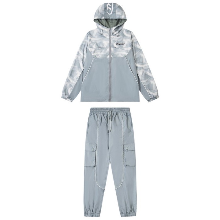 American Trend Spliced Color Block Hooded Windbreaker Zip Up Jacket & Pants Set 3 colors 29077707