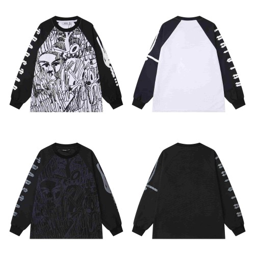 Oversized High Street Black and White Graffiti Print Raglan Long Sleeve T-Shirt 2 colors 29077612