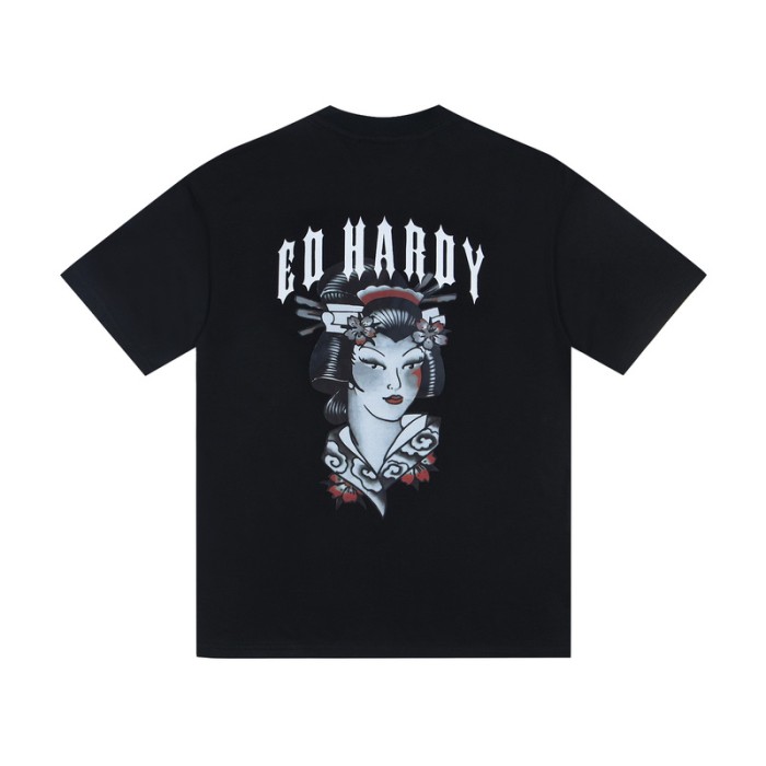 Oversized Ed Hardy Inspired Black Geisha And Gothic Text Print T-shirt 2 colors 29077779