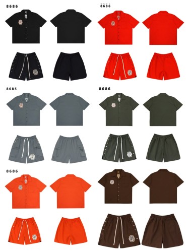 Badge Embroidery Buttoned Woven Workwear Shirt & Shorts Set 6 colors 29077774