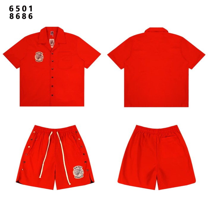 Badge Embroidery Buttoned Woven Workwear Shirt & Shorts Set 6 colors 29077774