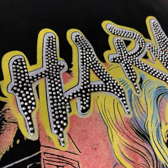 Pink And Yellow Contrast Color Harley Quinn Rhinestone Print Tee 29077649