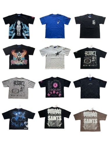 Dark High-Street Rebellious Rhinestone Print Washed Tee 11 colors 29077647