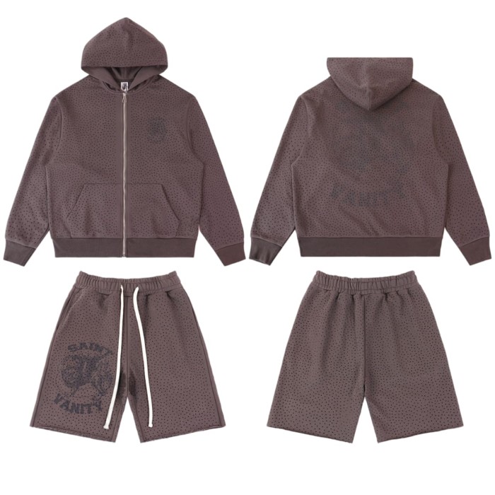 Lion Pattern All-over Rhinestone Print Zip Up Hoodie & Shorts Set 4 colors 29077777
