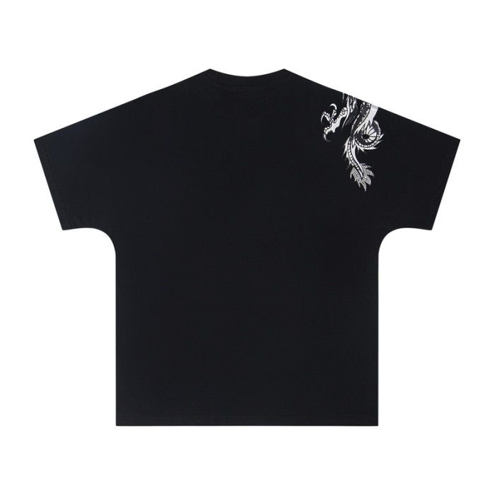 Batwing Sleeve Over Shoulder Dragon Print Rhinestone Letter T-shirt 29077762