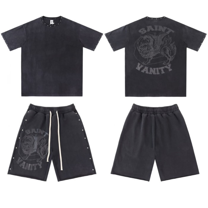 Rivet Decorated Lion Pattern Print Washed Tee & Shorts Set 4 colors 29077775