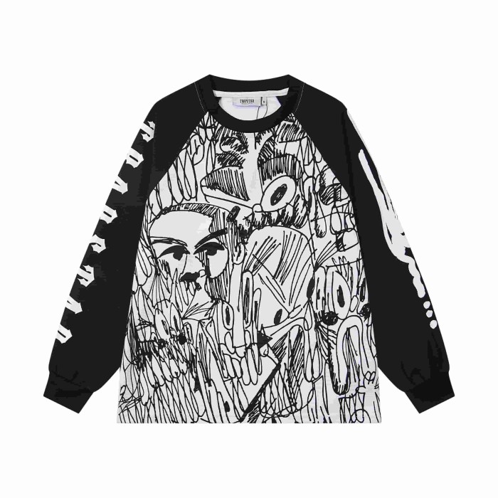 Oversized High Street Black and White Graffiti Print Raglan Long Sleeve T-Shirt 2 colors 29077612