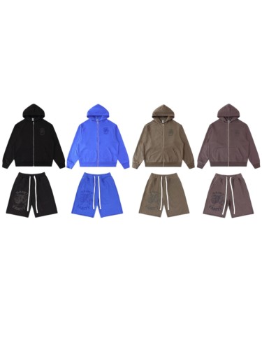 Lion Pattern All-over Rhinestone Print Zip Up Hoodie & Shorts Set 4 colors 29077777