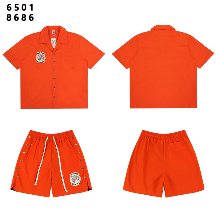 Badge Embroidery Buttoned Woven Workwear Shirt & Shorts Set 6 colors 29077774