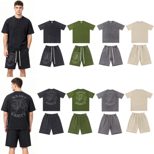 Rivet Decorated Lion Pattern Print Washed Tee & Shorts Set 4 colors 29077775