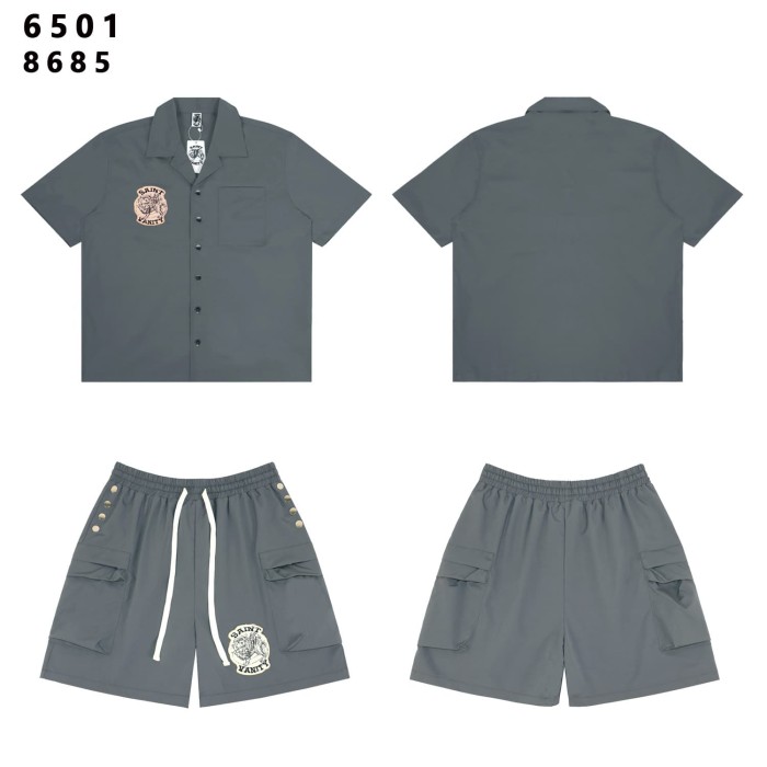Badge Embroidery Buttoned Woven Workwear Shirt & Shorts Set 6 colors 29077774
