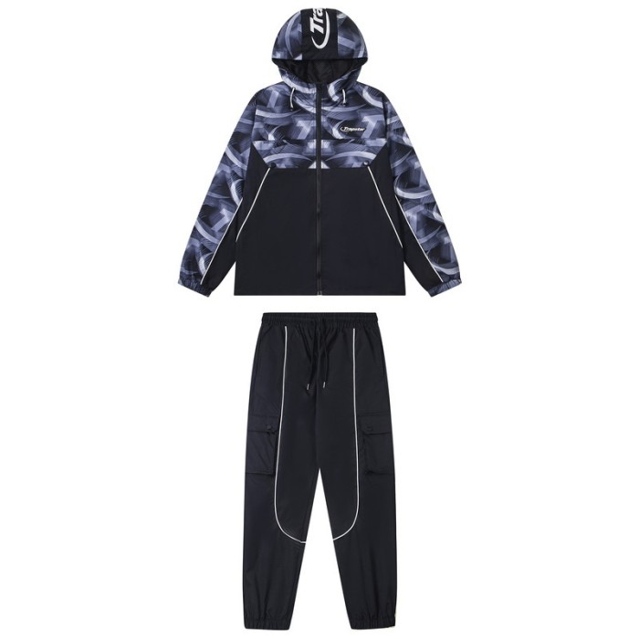 American Trend Spliced Color Block Hooded Windbreaker Zip Up Jacket & Pants Set 3 colors 29077707