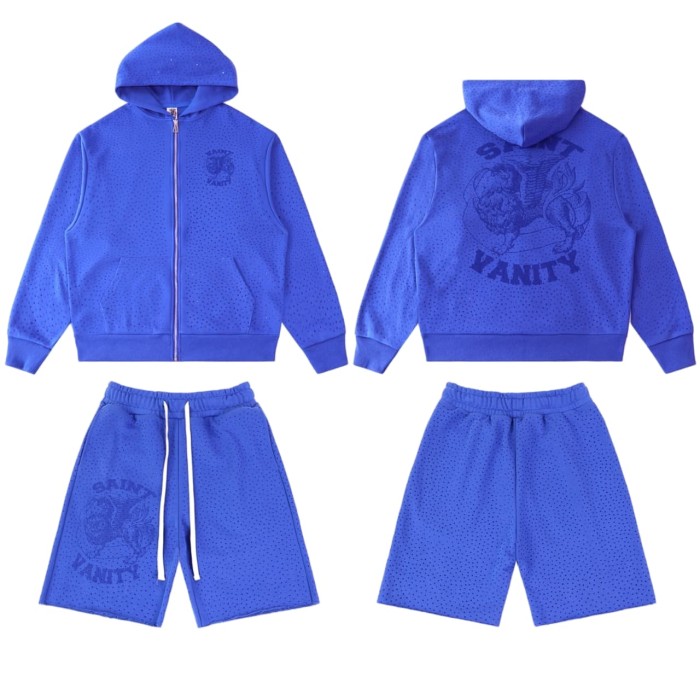 Lion Pattern All-over Rhinestone Print Zip Up Hoodie & Shorts Set 4 colors 29077777