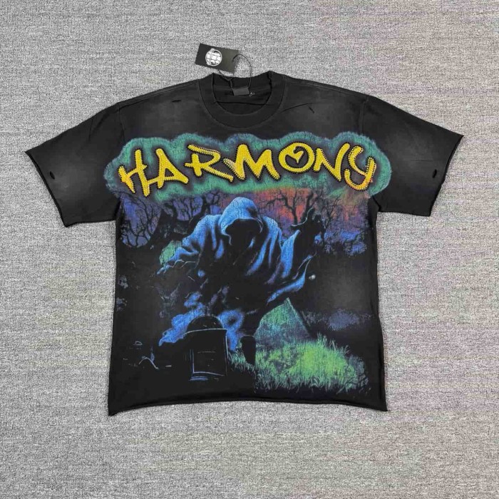 Vintage Grim Reaper Cemetery Rhinestone Print Washed Tee 29077654