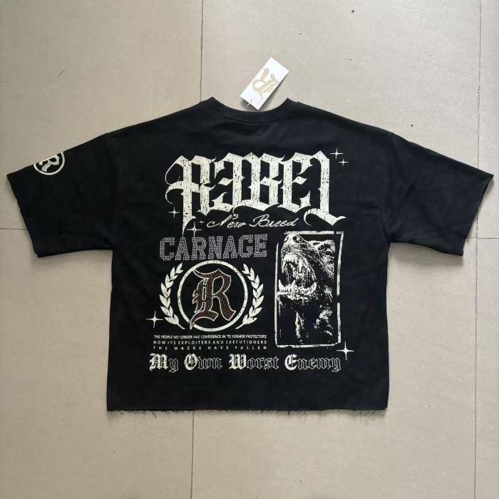 Dark High-Street Rebellious Rhinestone Print Washed Tee 11 colors 29077647