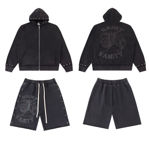 [50% Off]Saint Vanity Rivet Decorated Lion Print Washed Hoodie & Shorts Set 4 colors 29077776