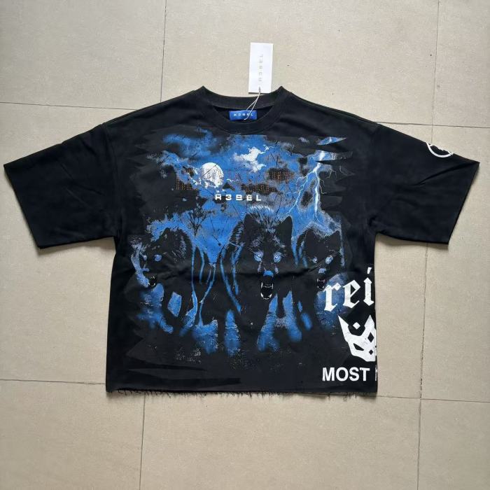 Dark High-Street Rebellious Rhinestone Print Washed Tee 11 colors 29077647