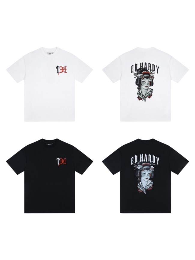 Oversized Ed Hardy Inspired Black Geisha And Gothic Text Print T-shirt 2 colors 29077779