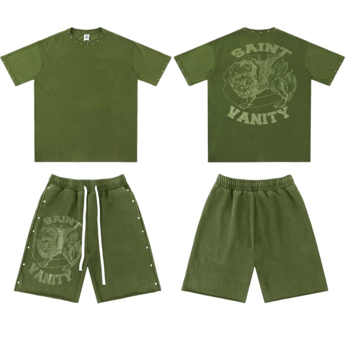 Rivet Decorated Lion Pattern Print Washed Tee & Shorts Set 4 colors 29077775