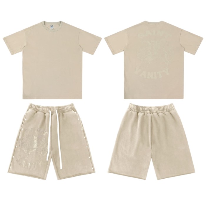 Rivet Decorated Lion Pattern Print Washed Tee & Shorts Set 4 colors 29077775