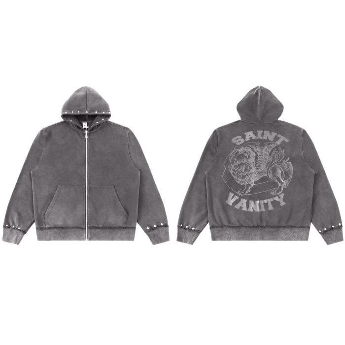 Rivet Decorated Lion Print Washed Hoodie & Shorts Set 4 colors 29077776