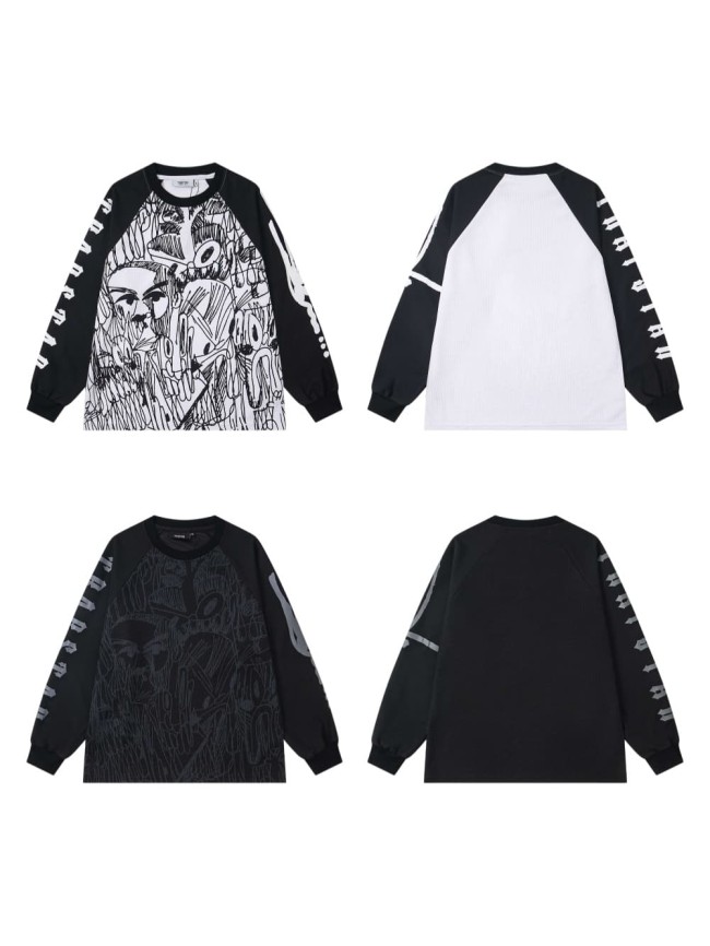 Oversized High Street Black and White Graffiti Print Raglan Long Sleeve T-Shirt 2 colors 29077612