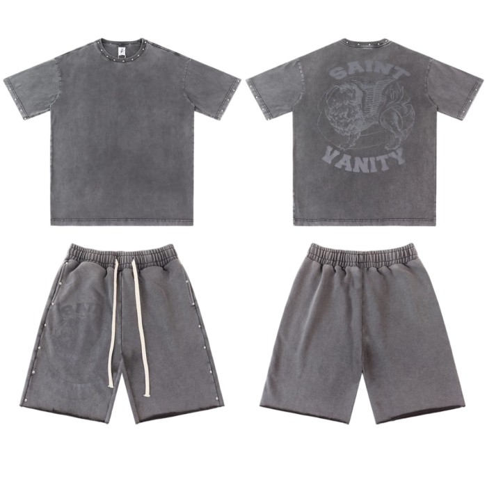 Rivet Decorated Lion Pattern Print Washed Tee & Shorts Set 4 colors 29077775