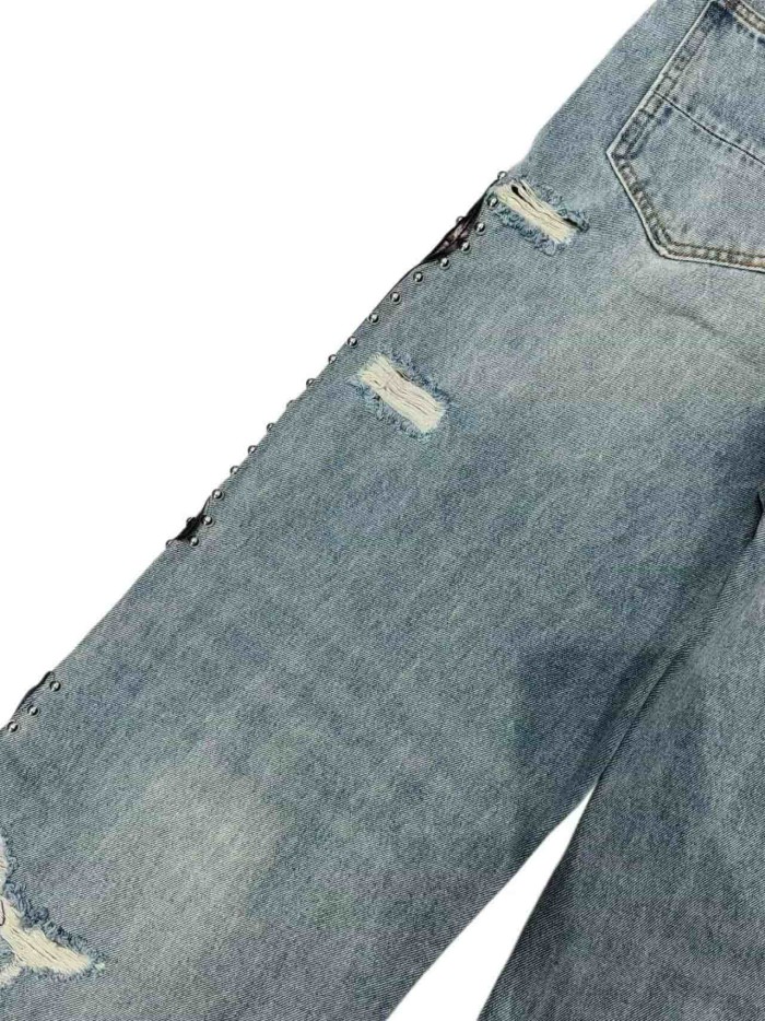 1:1 quality version Side Leather Bone Rivet Color Diamond Wide Leg Jeans 3 colors 29080658