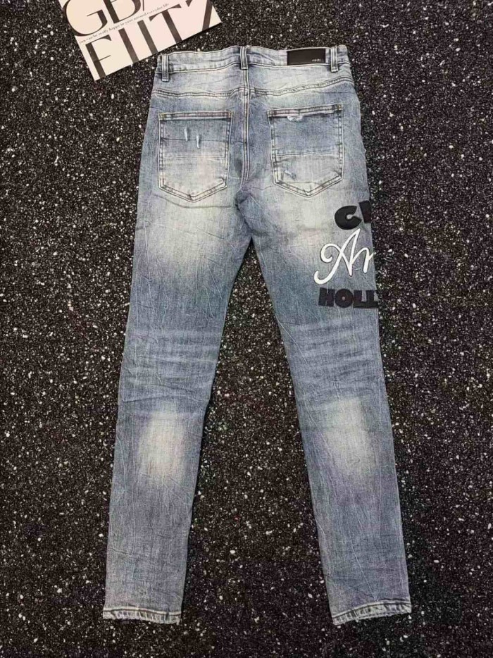 1:1 quality version Hollywood Black White Logo Embroidery Ripped Jeans 29080642