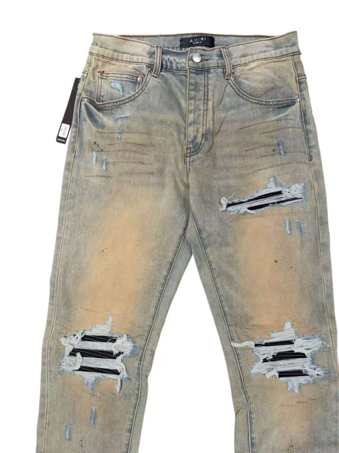 1:1 quality version Yellow Mud Dyed Vintage Black Strip Patch Jeans 29080653