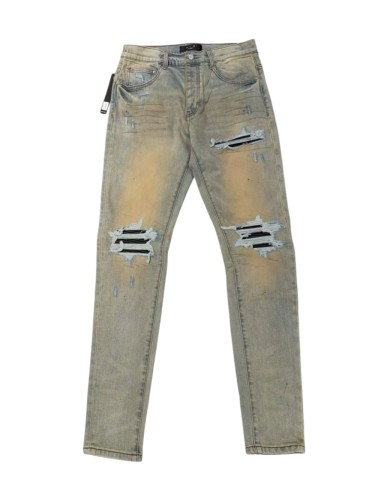 1:1 quality version Yellow Mud Dyed Vintage Black Strip Patch Jeans 29080653