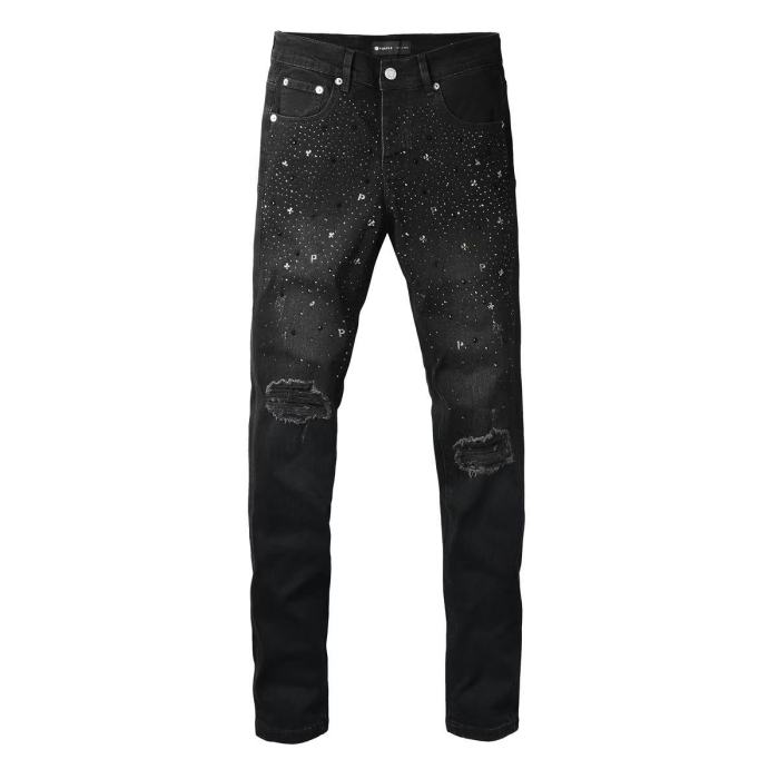 1:1 quality version Knee Ripped Half Rhinestone P Jeans 29080465