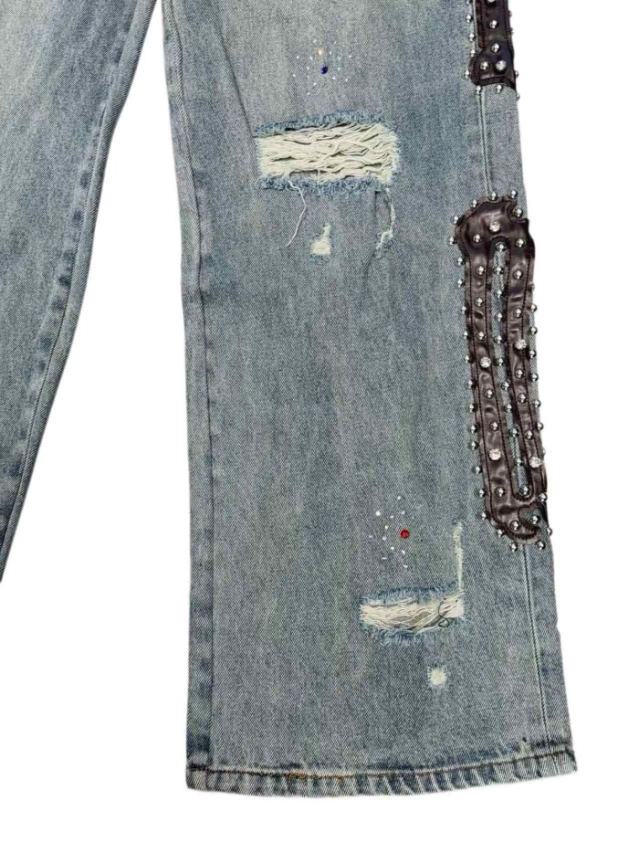 1:1 quality version Side Leather Bone Rivet Color Diamond Wide Leg Jeans 3 colors 29080658