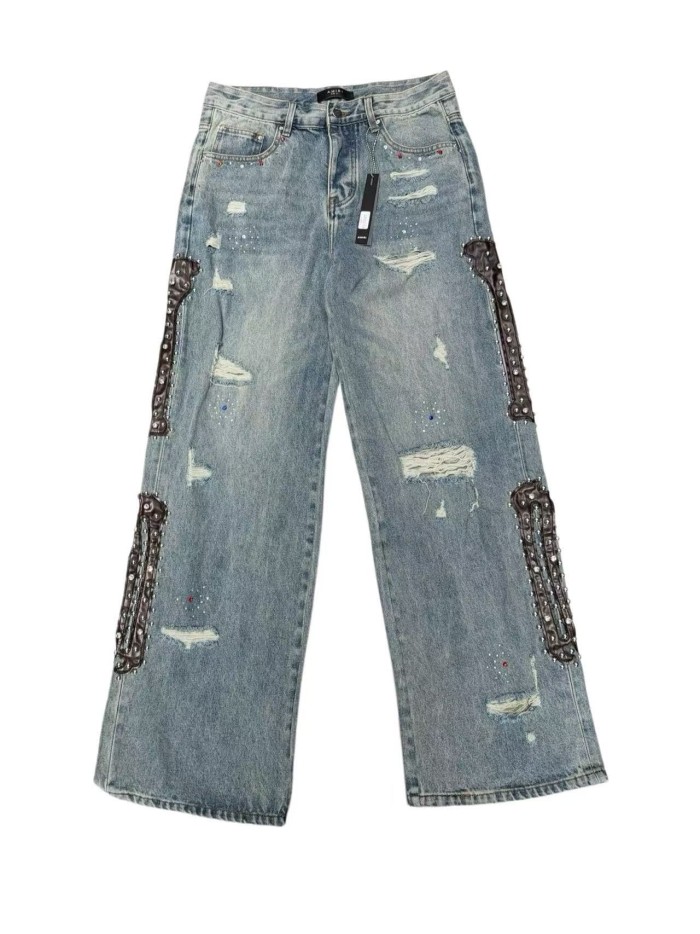 1:1 quality version Side Leather Bone Rivet Color Diamond Wide Leg Jeans 3 colors 29080658