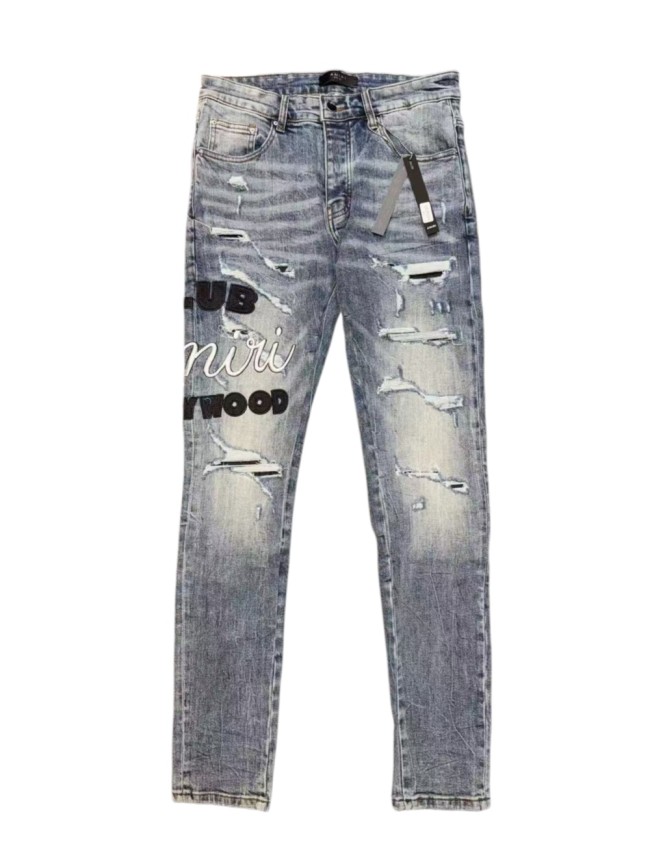 1:1 quality version Hollywood Black White Logo Embroidery Ripped Jeans 29080642