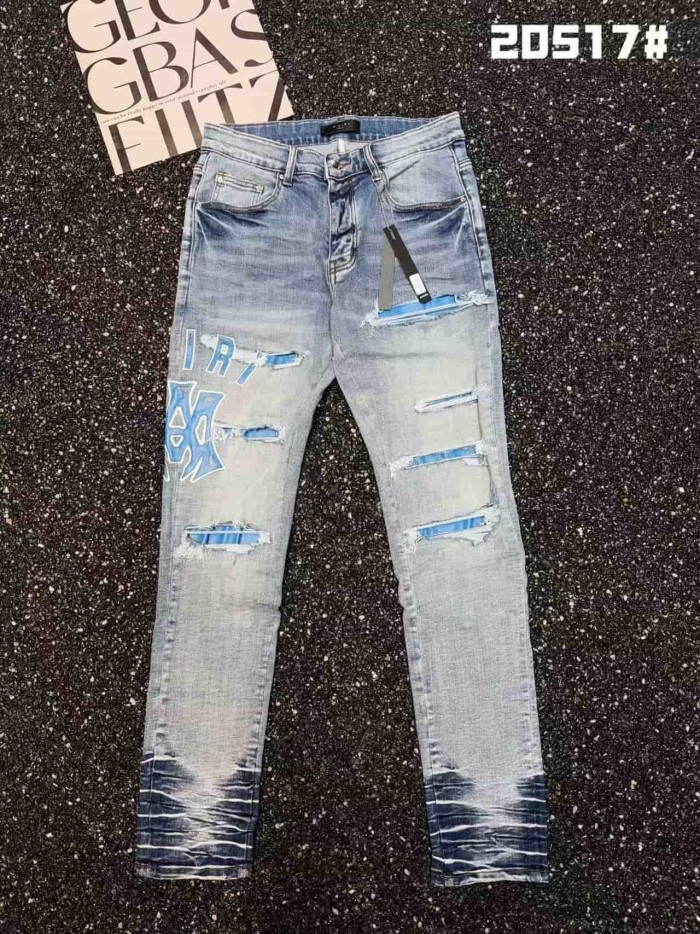 1:1 quality version Ice Blue Patch Logo Ripped Jeans 29080641