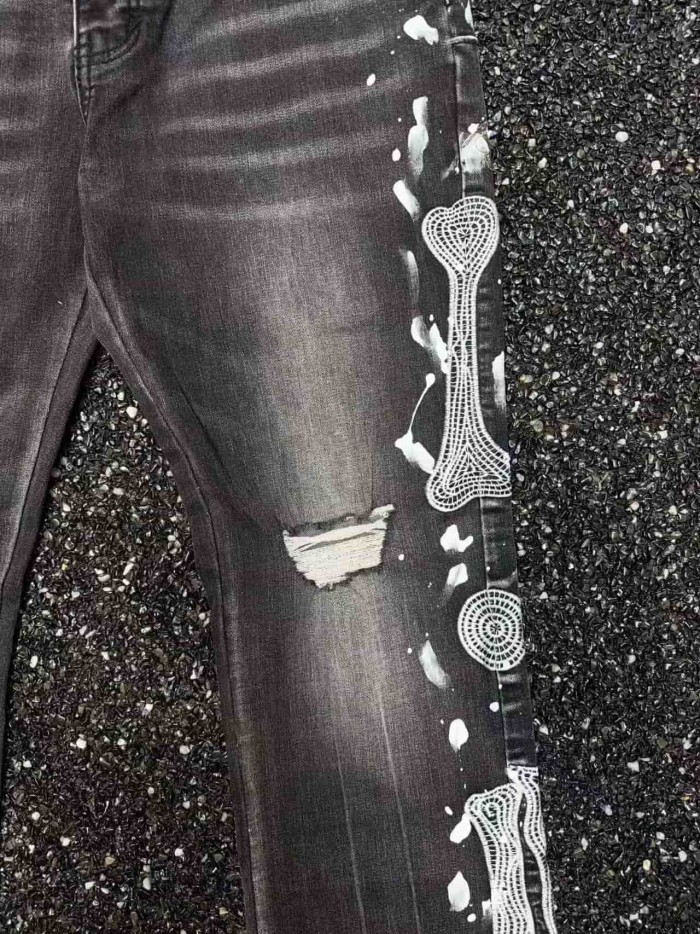 1:1 quality version Side Bone Fishnet Embroidery Ripped Flared Jeans 29080663