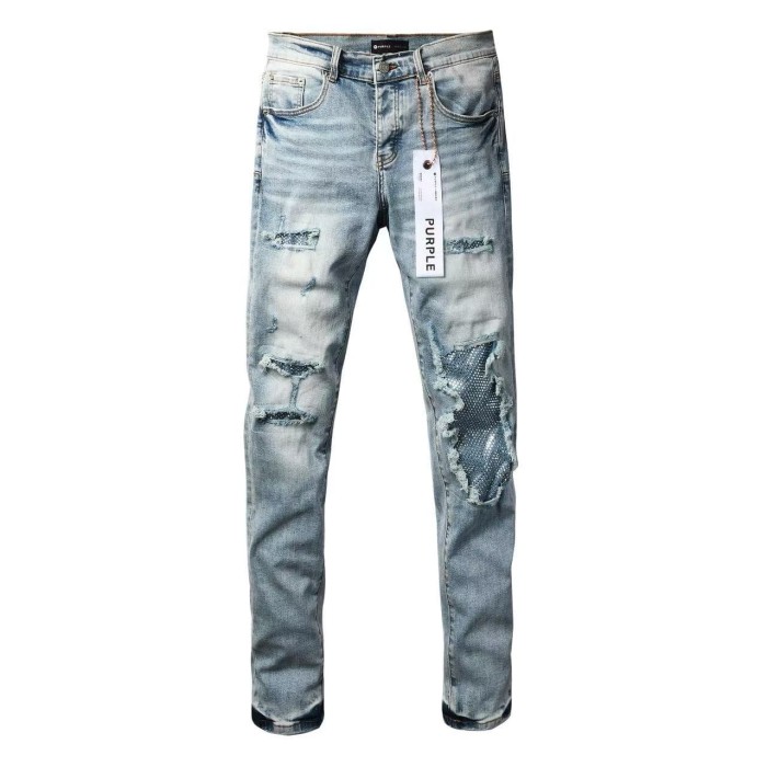 1:1 quality version Ice Blue Sequin Spliced Ripped Jeans 29080464